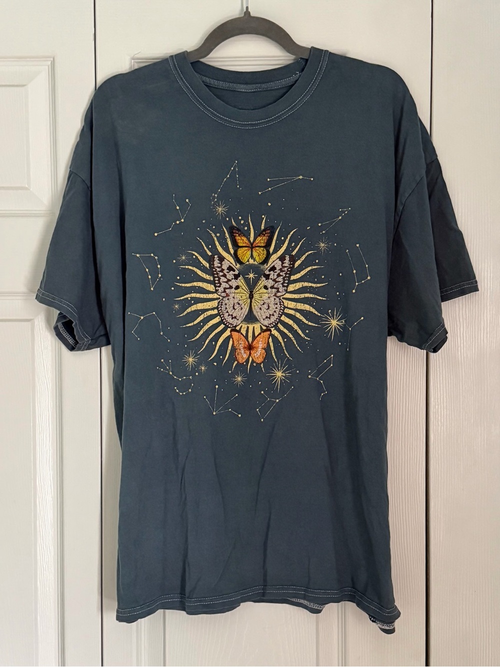 Teal Graphic Short Sleeve Tee with Sun, Butterfly & Constellation Design
